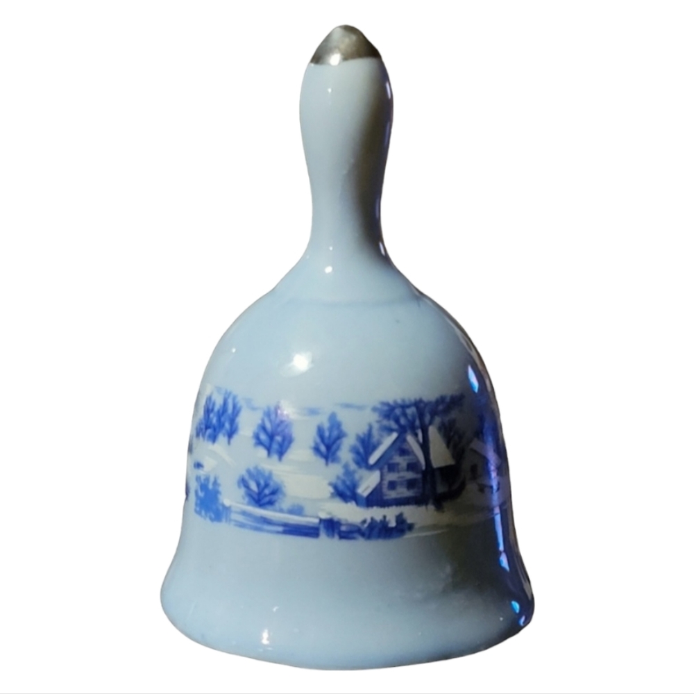 Vtg Small Blue Bell Silver Top Winter Cabin Pines Porcelain